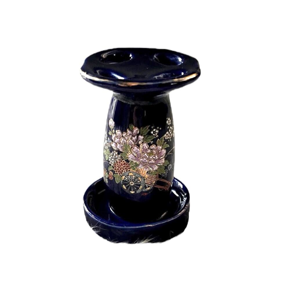Vintage Kutani Japanese porcelain cobalt blue cloisonne toothbrush holder